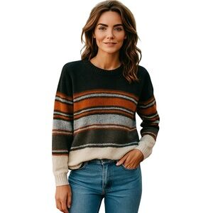Campus Vibrant Black and Orange V-Neck Sweater with Earthy Stripes